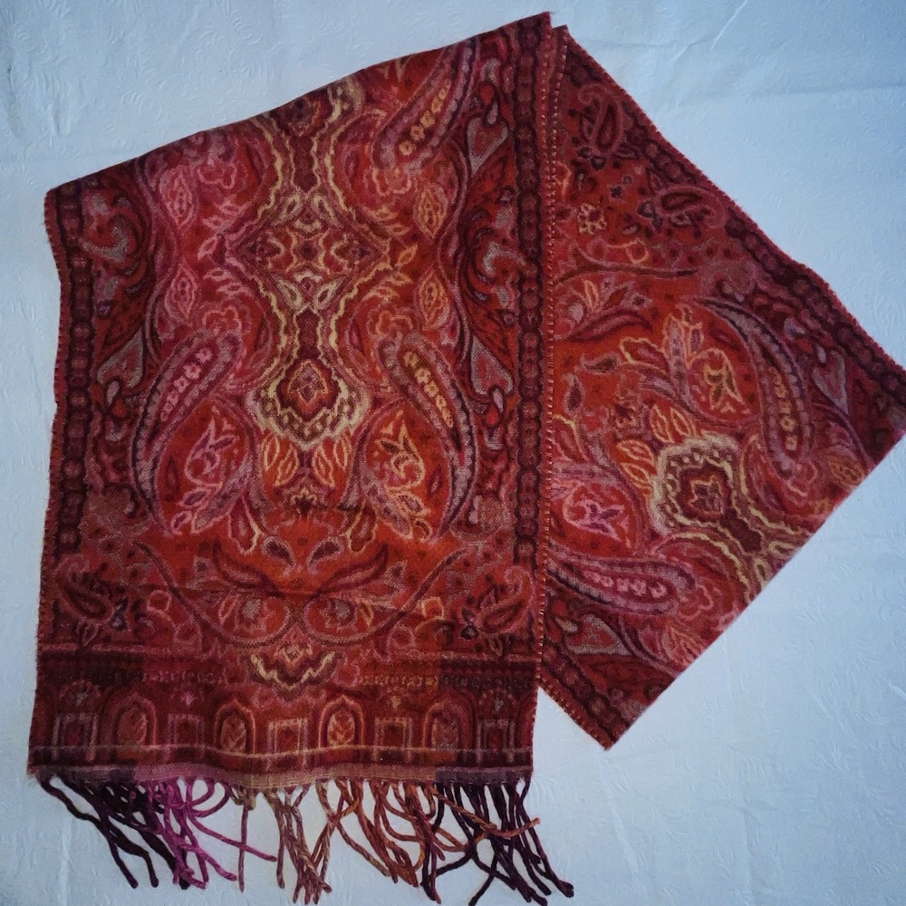 Cashmink by V. Fraas Paisley Scarf Red Pink Fringe Made in Germany 12x62